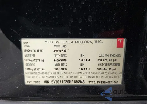 2017 Tesla Model S 100D/60D/75D/90D/P100D из США, поврежденный, VIN 5YJSA1E20HF186948